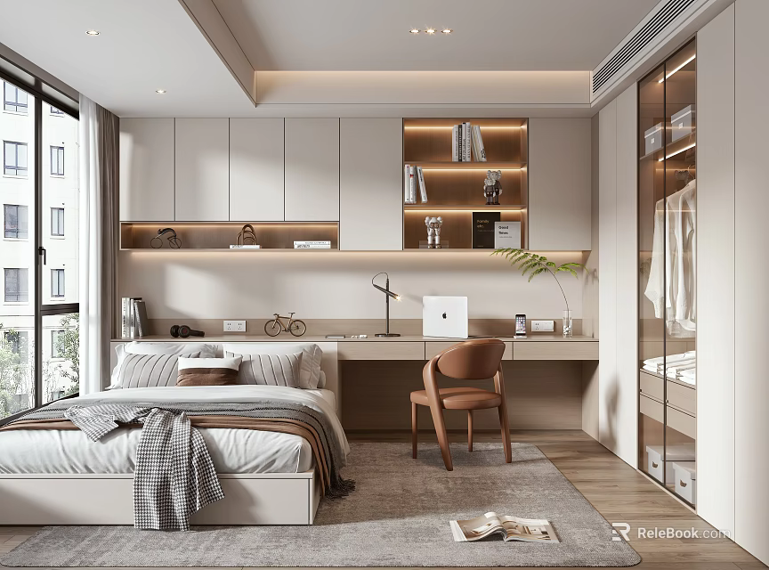 Modern Tatami Bedroom Interior With White Cabinets Bookshelf Desk Chair And Natural Light 3d model 