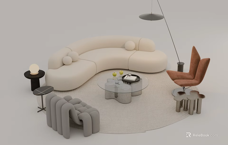 Modern White Curved Sofa And Glass Coffee Table With Orange Armchair Gray Accent Chair Floor Lamp 3d model 