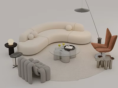 Modern White Curved Sofa And Glass Coffee Table With Orange Armchair Gray Accent Chair Floor Lamp 3d model