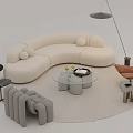 Modern White Curved Sofa And Glass Coffee Table With Orange Armchair Gray Accent Chair Floor Lamp