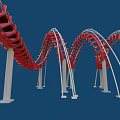 Thrilling Red Spiral Roller Coaster Track Among Green Trees Water And Blue Sky