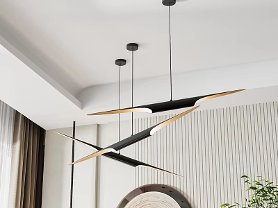 Modern Black Gold Geometric Pendant Lights Hanging In Minimalist Living Room Ceiling Interior 3d model