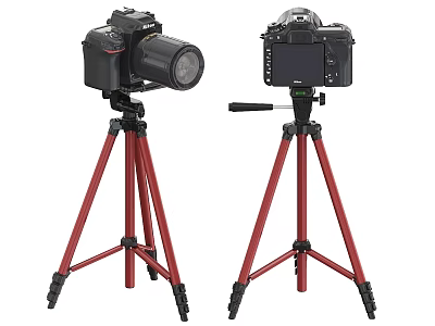 Two Cameras Mounted On Red Tripods With Different Angles And Features 3d model