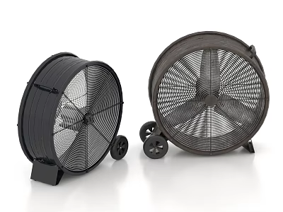 Two Black and Brown Air Cooler Fans with Round Design Metal Mesh Cover and Wheels 3d model