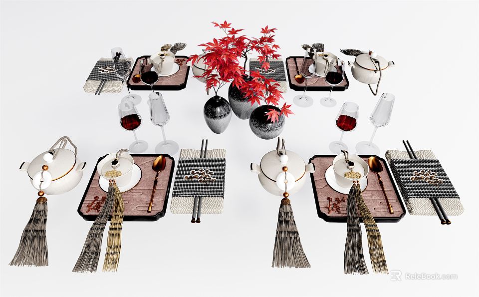 Elegant Tableware Set with Trays Teacups Wine Glasses Chopsticks and Red Leaf Tassel Decorations 3d model 