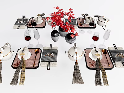 Elegant Tableware Set with Trays Teacups Wine Glasses Chopsticks and Red Leaf Tassel Decorations 3d model