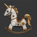 Classic White Rocking Horse With Gold Accents Brown Saddle And Wooden Base For Children's Play