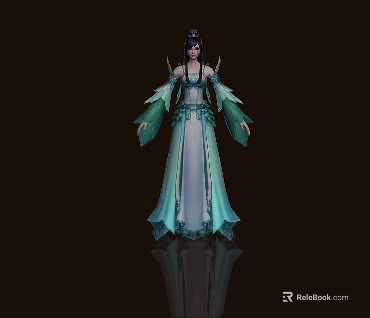 Game Movie Character In Blue Green Ancient Costume With Flowing Sleeves And Ornate Hair Accessories 3d model 