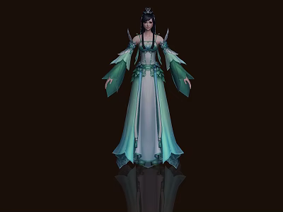 Game Movie Character In Blue Green Ancient Costume With Flowing Sleeves And Ornate Hair Accessories 3d model