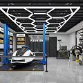 Kawasaki Jet Skis Display In Showroom With Hexagonal Ceiling Lights Blue Pillars And Apparel Racks