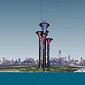 Illuminated Landscape Sculpture With Three Towers Olympic Rings And City Water Reflection