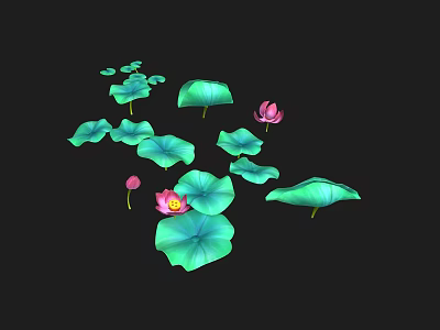 Aquatic Plants With Green Lily Pads And Pink Lotus Flowers Floating On Water Surface 3d model