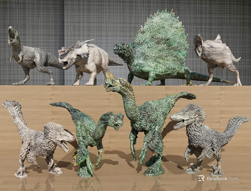 Reptile Dinosaur Models Showcasing Various Species in Green and Gray on Wooden Shelf 3d model 