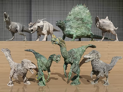 Reptile Dinosaur Models Showcasing Various Species in Green and Gray on Wooden Shelf 3d model
