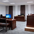 Courtroom Interior With Judge Bench Wooden Furniture National Emblem And Ceiling Lighting