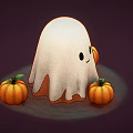 Cute Little White Ghost With Smiling Face And Surrounding Orange Pumpkins On Dark Background