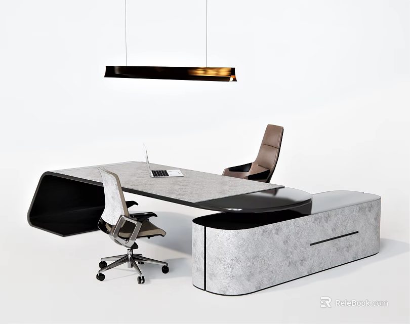 Modern Office Desk With Marble Top Ergonomic Chair Leather Seat And Hanging Pendant Light 3d model 