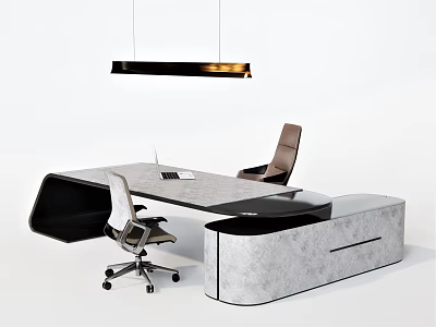 Modern Office Desk With Marble Top Ergonomic Chair Leather Seat And Hanging Pendant Light 3d model