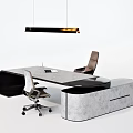 Modern Office Desk With Marble Top Ergonomic Chair Leather Seat And Hanging Pendant Light