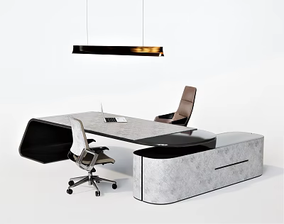 Modern Office Desk With Marble Top Ergonomic Chair Leather Seat And Hanging Pendant Light 3d model