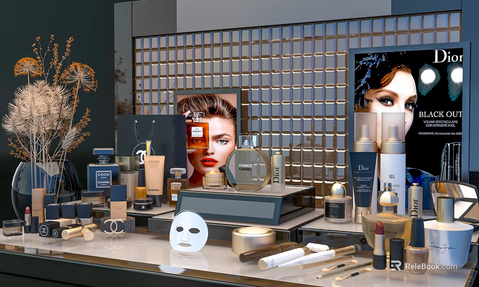 Elegant Perfume and Cosmetics Display With Various Skincare Products and Fragrance Bottles 3d model 