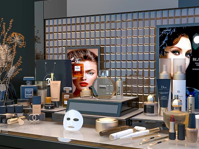 Elegant Perfume and Cosmetics Display With Various Skincare Products and Fragrance Bottles 3d model