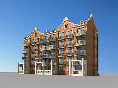 Red Brick Multi Storey Residential Building With Balconies White Railings And Ornate Roof Design 3d model