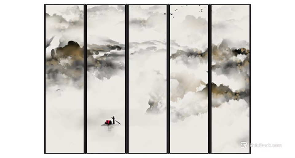 Chinese Ink Painting Screen with Misty Mountains Clouds and Small Boat Traditional Oriental Art Design 3d model 
