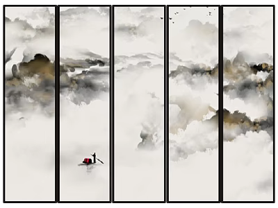 Chinese Ink Painting Screen with Misty Mountains Clouds and Small Boat Traditional Oriental Art Design 3d model