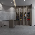 Exhibition Hall Interior Design With Gray Walls Central Table Chairs Bookshelves And Decorations