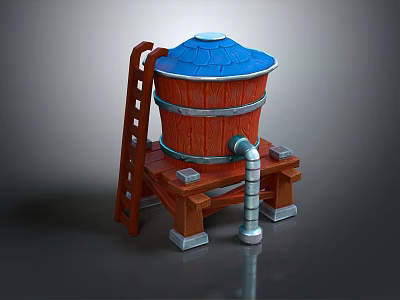 Wooden Barrel Structure With Blue Top Red Body Wooden Ladder And Metal Pipe 3d model