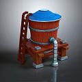 Wooden Barrel Structure With Blue Top Red Body Wooden Ladder And Metal Pipe