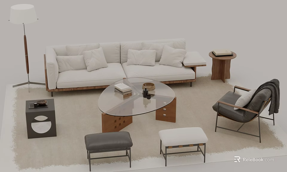 Modern Light Colored Sofa And Glass Coffee Table Set With Cushions Side Table Accent Chairs 3d model