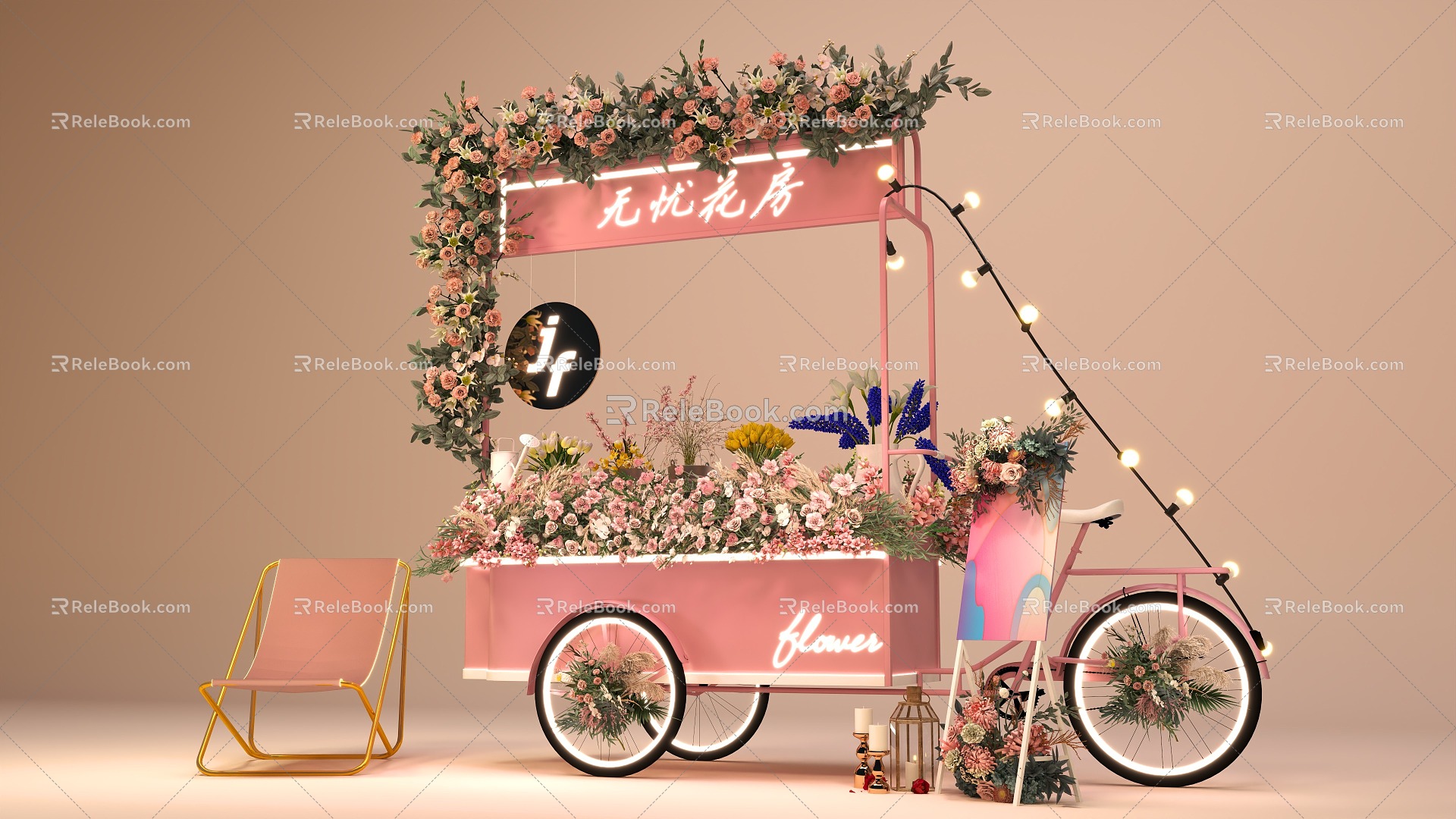 Flowers Meichen Night Market Booth Flower Shop Flower Car Sale Pink Flower House Flowers Meichen Commercial Meichen 3d model