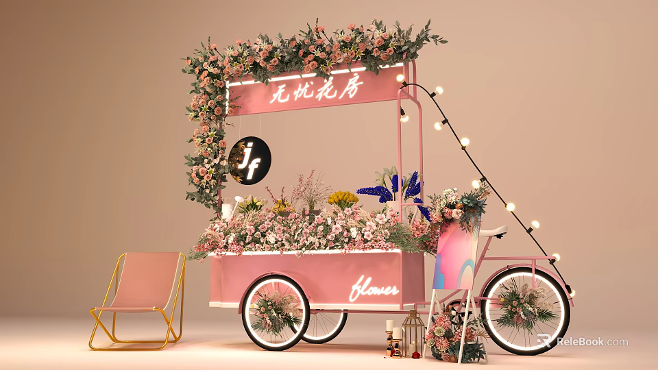 Elegant Pink Flower Cart with Fresh Flower Decorations String Lights and Chair 3d model 