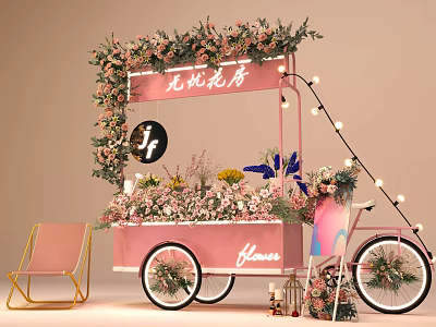 Elegant Pink Flower Cart with Fresh Flower Decorations String Lights and Chair 3d model