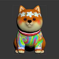 Orange Shiba Inu Puppy Toy With White Flower Crown And Colorful Outfit On Shiny Surface