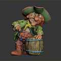 Colorful Pirate Statue With Green Hat Red Brim Green Coat And Wooden Barrel Blue Stripes