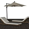 Outdoor Lounge Chairs With Brown Frame Light Cushions And Umbrella On Wooden Deck
