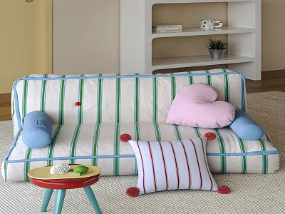 Green White Striped Sofa Living Room With Pink Heart Blue Pillows And Small Yellow Table 3d model