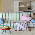Green White Striped Sofa Living Room With Pink Heart Blue Pillows And Small Yellow Table