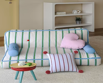 Green White Striped Sofa Living Room With Pink Heart Blue Pillows And Small Yellow Table 3d model