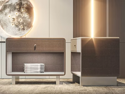 Modern Nightstands With Moon Decoration And Lighting In Brown White Drawer Design 3d model