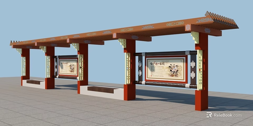 Traditional Chinese Corridor Featuring Red Pillars Brown Roof Decorative Beams Cultural Panels Stone Floor Bench 3d model 