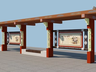 Traditional Chinese Corridor Featuring Red Pillars Brown Roof Decorative Beams Cultural Panels Stone Floor Bench 3d model