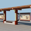 Traditional Chinese Corridor Featuring Red Pillars Brown Roof Decorative Beams Cultural Panels Stone Floor Bench