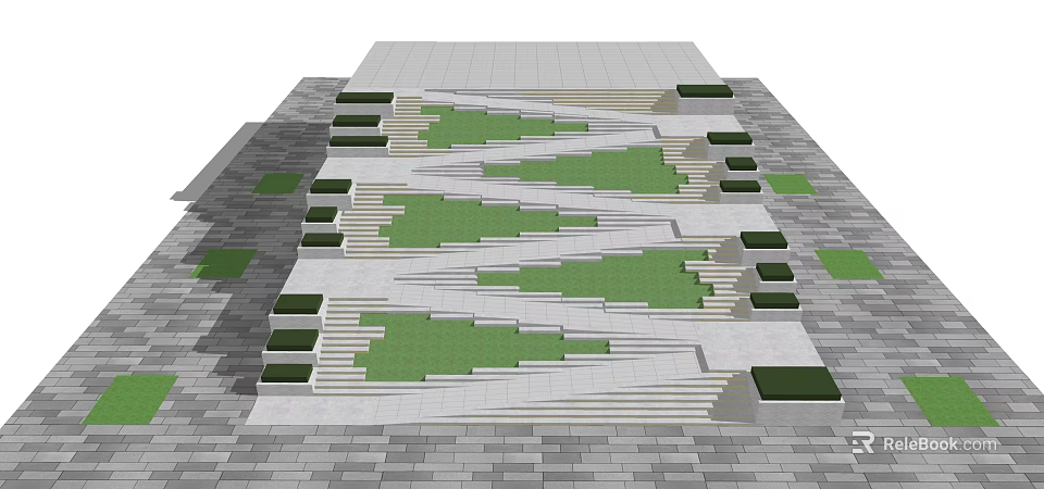 Modern Geometric Staircase Design With Green Landscaped Areas And Stone Steps 3d model 