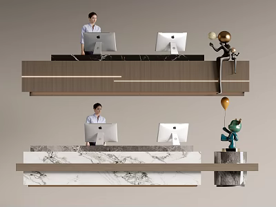 Modern Front Desk Reception Area With Receptionist Computers And Marble Countertop Decor 3d model