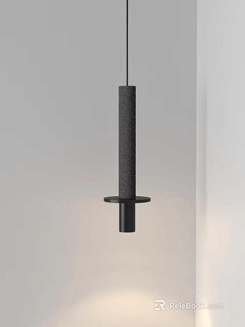 Modern Black Cylindrical Pendant Light With Textured Surface And Circular Base On Light Colored Wall 3d model 