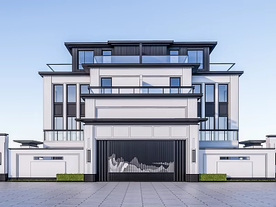 Modern Townhouse Exterior Design With White Black Facade Balconies And Mountain Gate 3d model
